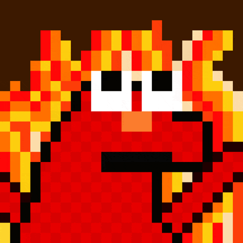 a pixel art drawing of a cartoon character with flames behind it