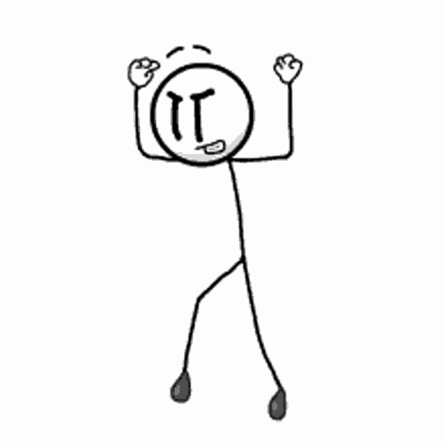 a black and white drawing of a stick figure dancing with his arms in the air .