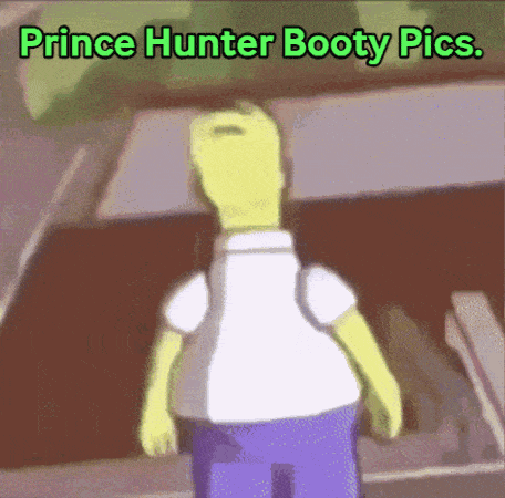 a cartoon of homer simpson with the words prince hunter booty pics above him
