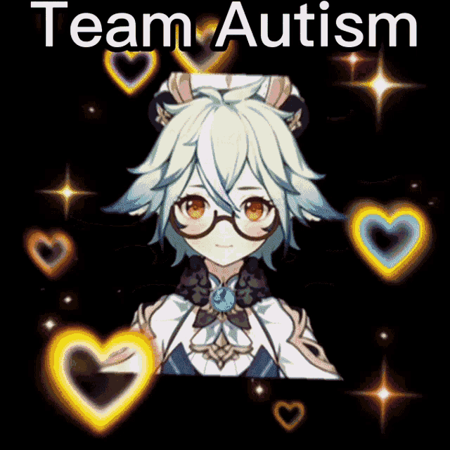 a picture of a girl with glasses and the words team autism on the bottom