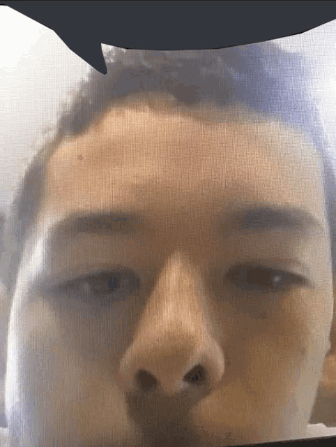 a close up of a man 's face with a speech bubble behind him