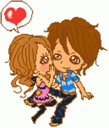 a pixel art drawing of a boy and a girl whispering
