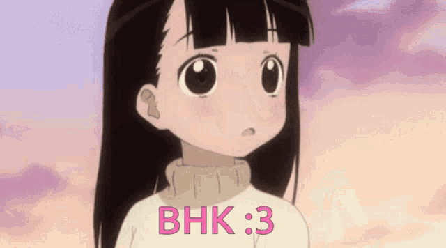 a girl with long black hair is wearing a white sweater with bhk 3 written on it