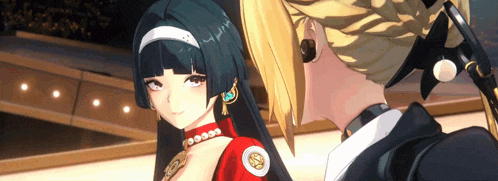 two anime characters are standing next to each other and one of them is wearing a choker that says 9999