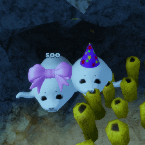 two seals are wearing party hats and one has the word soo written on it