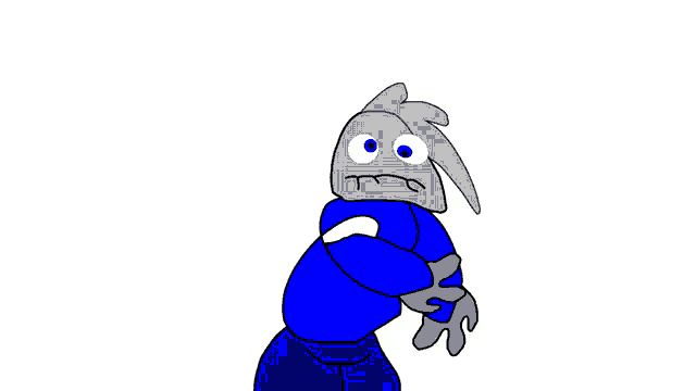 a cartoon drawing of a man in a blue shirt with a sad look on his face