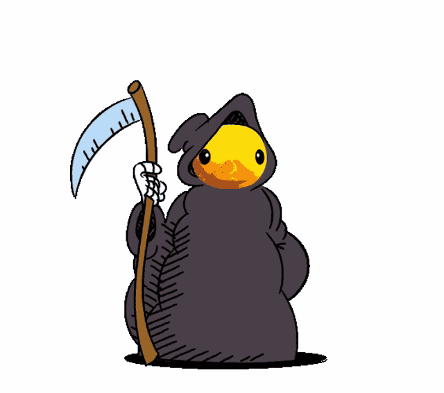a cartoon grim reaper with a yellow rubber duck on his head holding a scythe