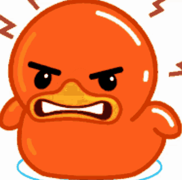 an orange rubber duck with an angry face and the letter n behind it