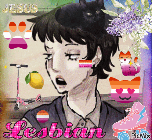a picture of a girl with a black cat on her head and the words lesbian on the bottom