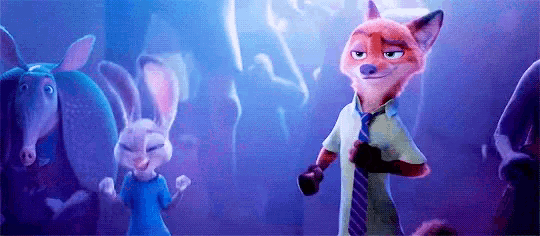 a fox and a rabbit are dancing in a club .