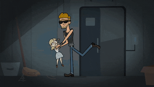 a cartoon of a man kicking a trash can with his foot