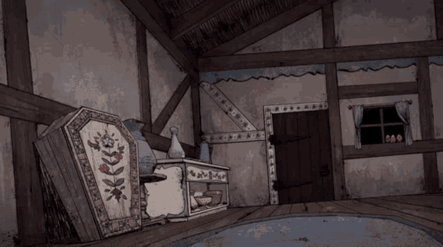 a drawing of a room with a coffin and a dresser