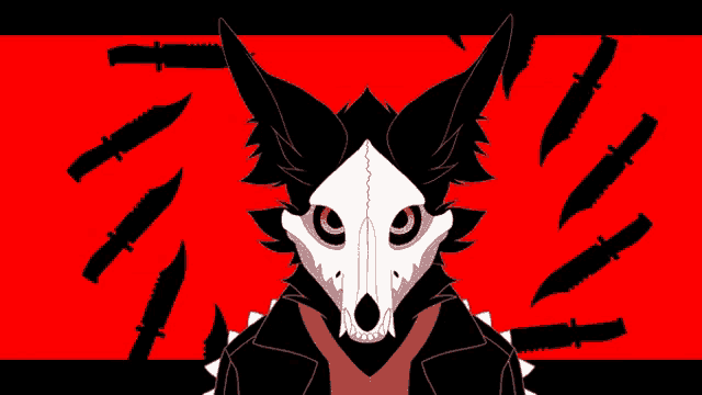 a black and white drawing of a fox with a skull mask on