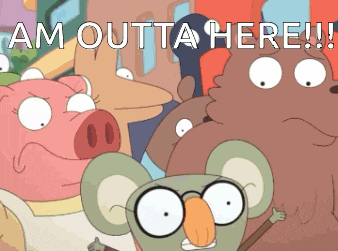 a group of cartoon characters are standing next to each other with the words am outta here