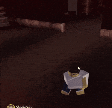 a video game character is standing in a dark room with the name sherletsky on the bottom right