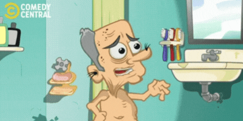 a cartoon of a man standing in a bathroom with comedy central written on the bottom