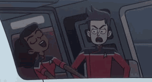 a cartoon of a man and a woman standing next to each other on a plane .