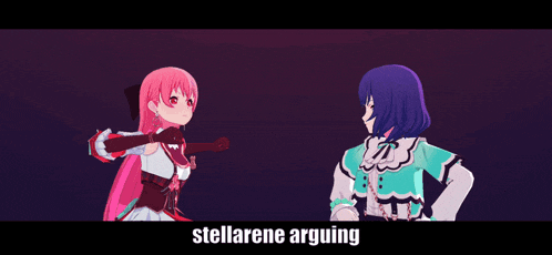 two anime girls are standing next to each other with the words stellarene arguing written below them
