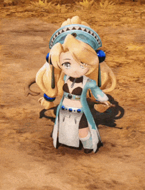 a little girl with blonde hair and a blue hat is standing in the dirt