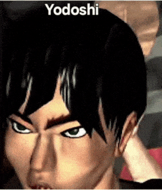 a close up of a video game character 's face with the name yodoshi written on the bottom .