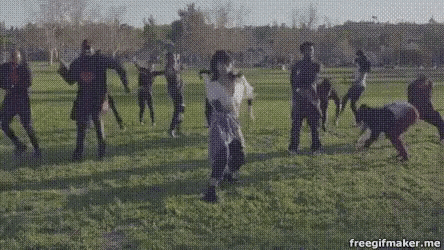 a group of people are standing in a field dancing .