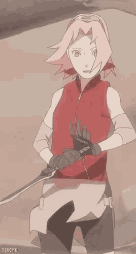 sakura from naruto is holding a sword in her hand and looking at the camera .