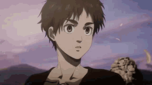 a young boy in a black shirt is standing in front of a mountain and looking at the camera .