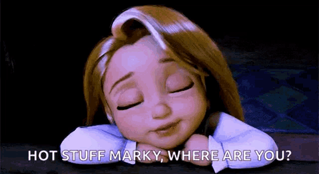 a cartoon girl is sleeping with her eyes closed and the words `` hot stuff marky , where are you '' written above her .