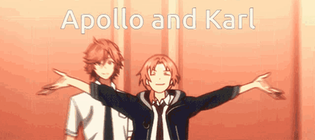 two anime characters are standing next to each other with the words apollo and karl written above them