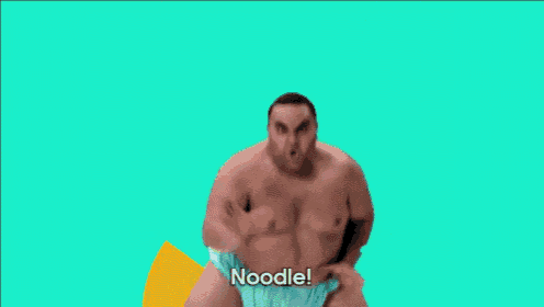 a man in a diaper says noodle in front of a yellow and blue background