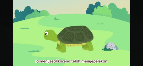 a cartoon of a turtle with the words la menyesal karena telah menyepelekan underneath it