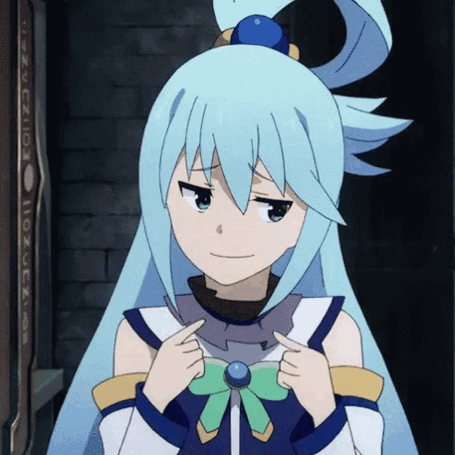 a girl with blue hair and a green bow is pointing to herself
