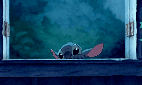 a cartoon character looking out of a window with trees in the background