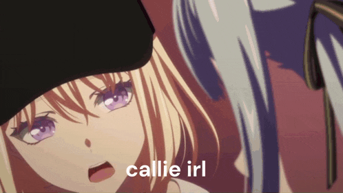 a blonde anime girl with purple eyes and the words callie irl above her