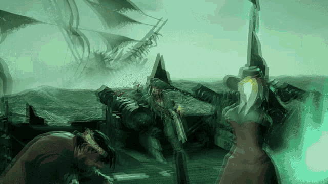 a woman holding a sword in front of a shipwreck in the ocean