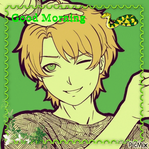 a drawing of a boy with green eyes and the words good morning on the bottom