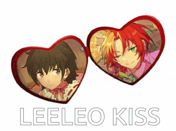 a picture of two anime characters with the words leeleo kiss written below them