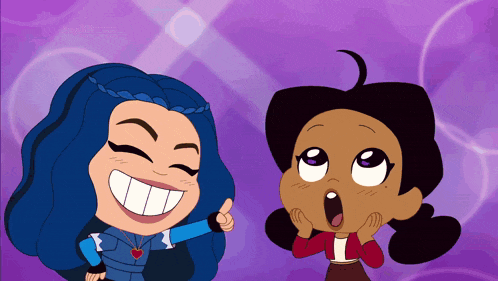 two cartoon girls are standing next to each other with one pointing