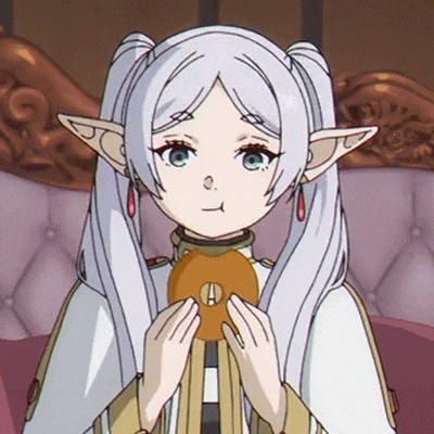 a cartoon girl with white hair and ears is holding a donut in her hands .