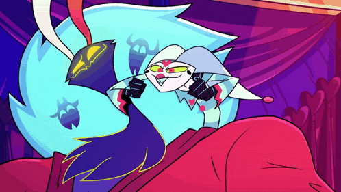 a cartoon character is laying on a bed with a ghost shadow behind her