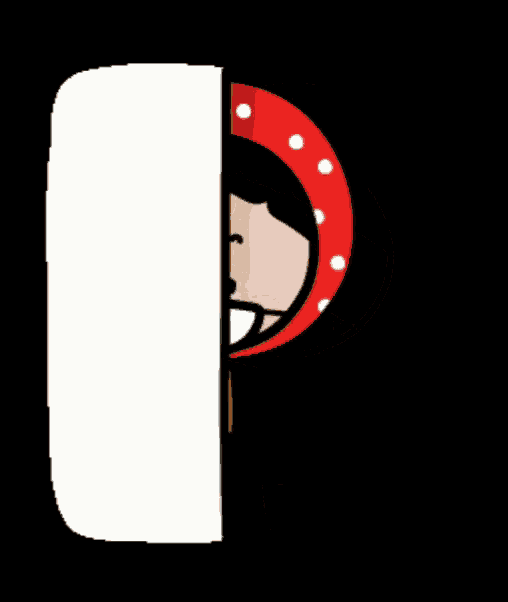 a cartoon character wearing a red polka dot hat is peeking out from behind a sign
