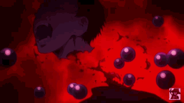 a man is surrounded by purple bubbles in a red background .
