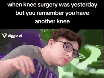 a man wearing glasses and a purple shirt with the words when knee surgery was yesterday