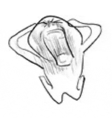 a black and white drawing of a person screaming with their hands over their head .