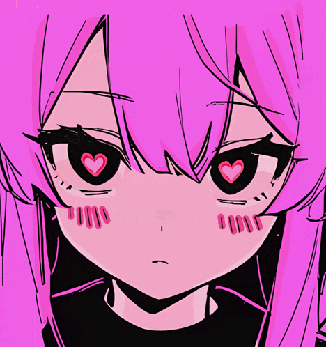 a drawing of a girl with pink hair has hearts in her eyes
