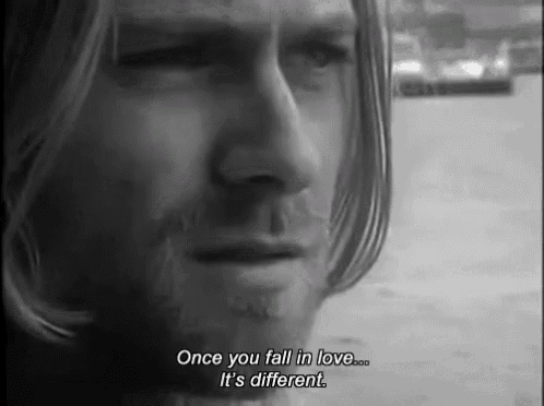 a black and white photo of a man with the words once you fall in love