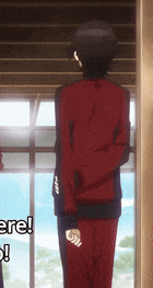 a man in a red jacket and black pants is standing in front of a window and a sign that says " are "