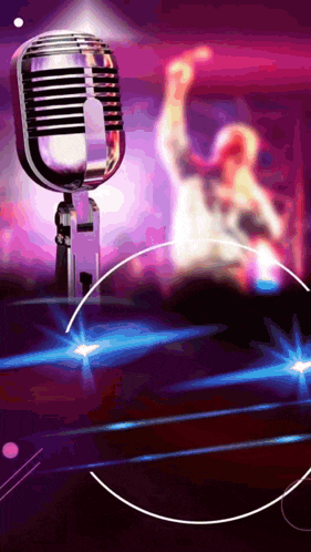 a purple background with a microphone in the foreground and a man in the background
