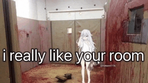 a girl is standing in a room filled with blood and says `` i really like your room '' .