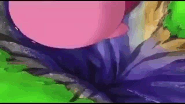 a pink balloon is flying through a purple hole in a cartoon .